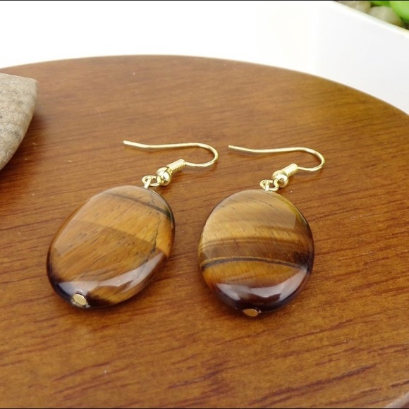 🔥🆕 Oval Tiger Eye Bead Gold Tone Hook Earrings - Picture 3 of 4